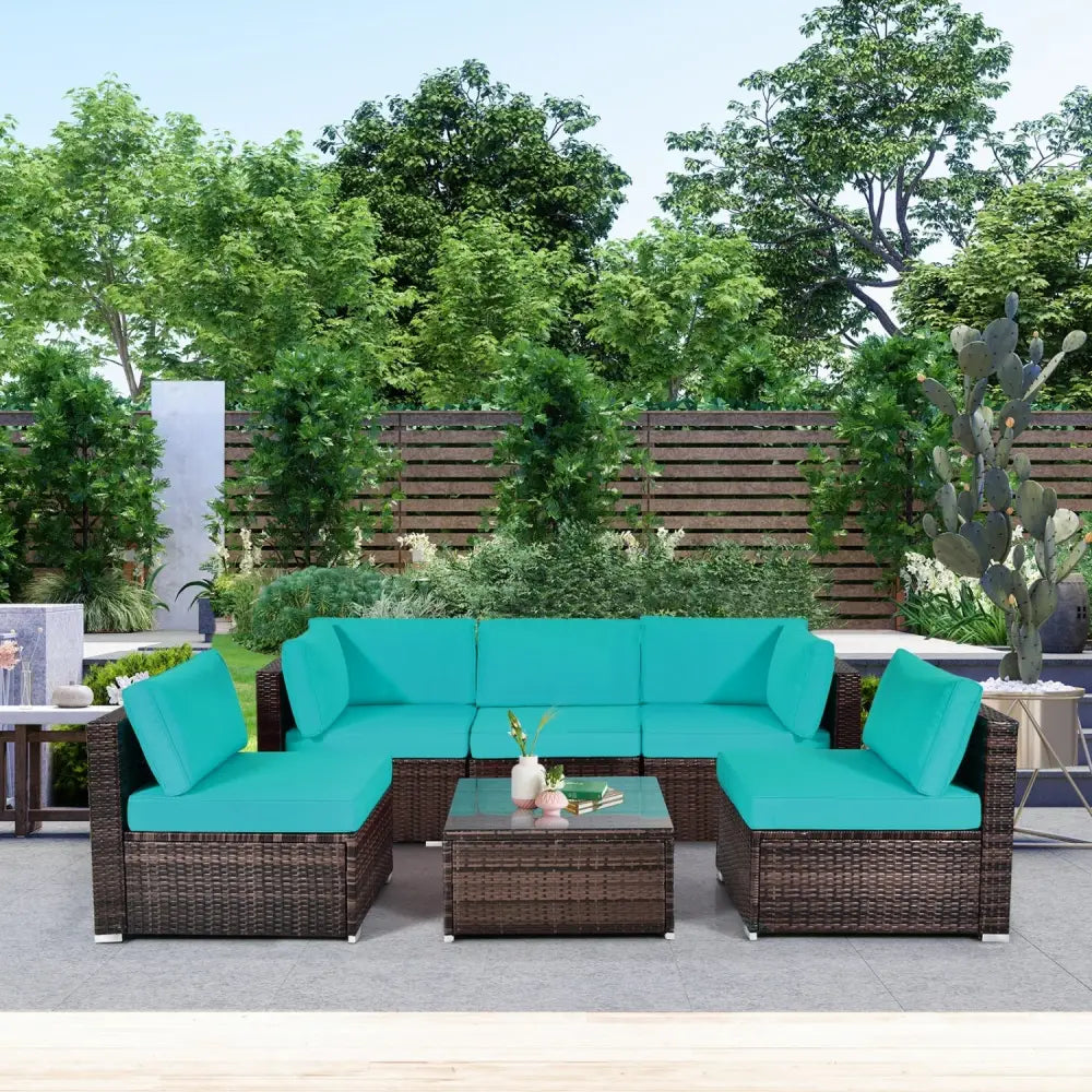 6 Pieces Patio Rattan Furniture Set with Cushions and Glass Coffee Table-Turquoise - Turquoise - Outdoor Sectionals
