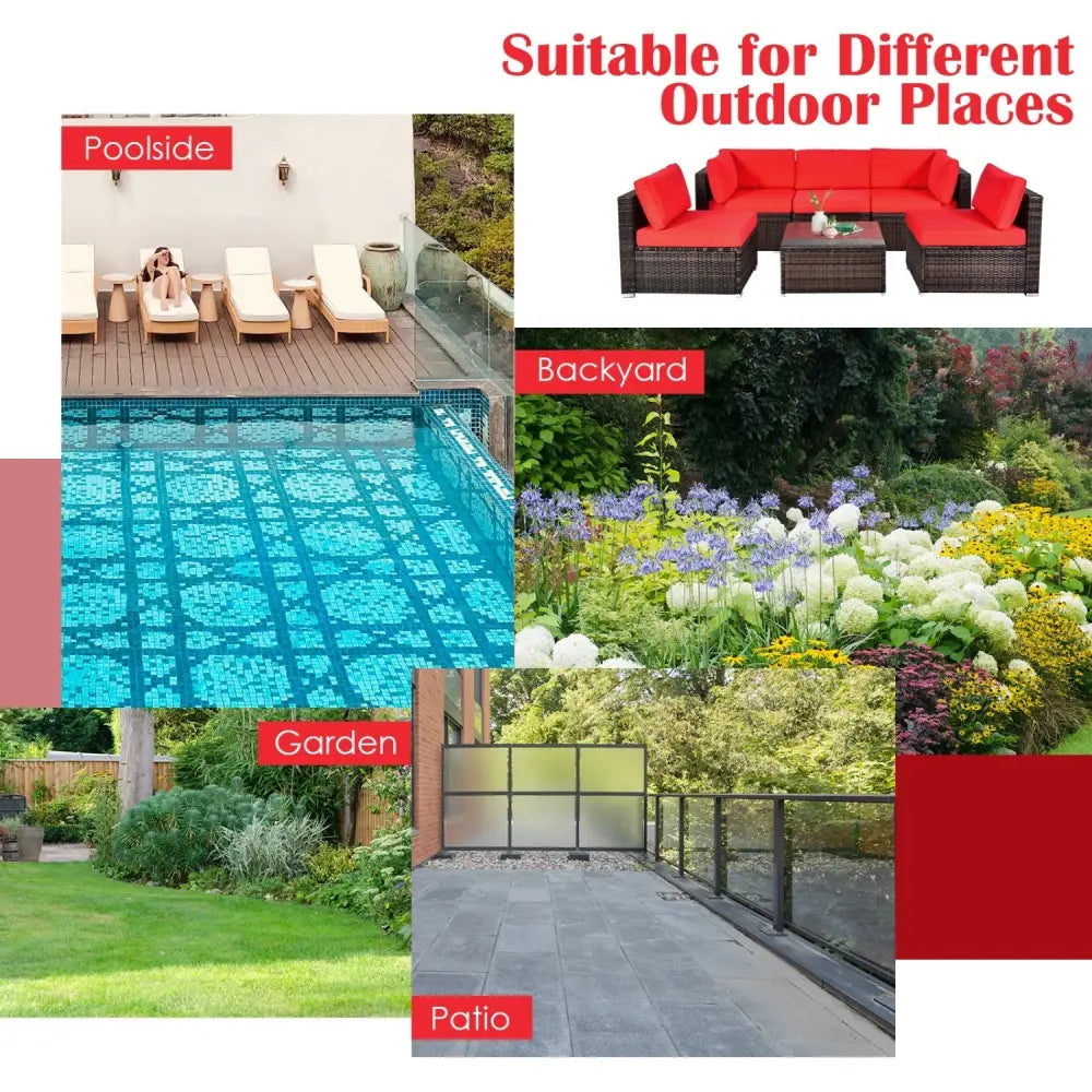 6 Pieces Patio Rattan Furniture Set with Cushions and Glass Coffee Table-Red - Red - Outdoor Sectionals