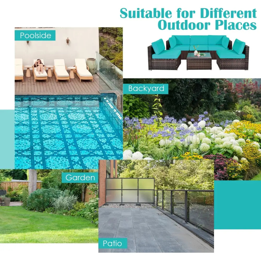 6 Pieces Patio Rattan Furniture Set with Cushions and Glass Coffee Table-Turquoise - Turquoise - Outdoor Sectionals