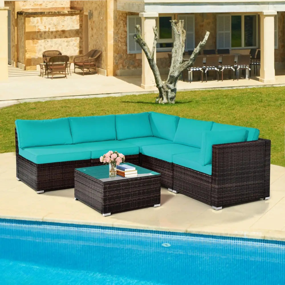 6 Pieces Patio Rattan Furniture Set with Cushions and Glass Coffee Table-Turquoise - Turquoise - Outdoor Sectionals