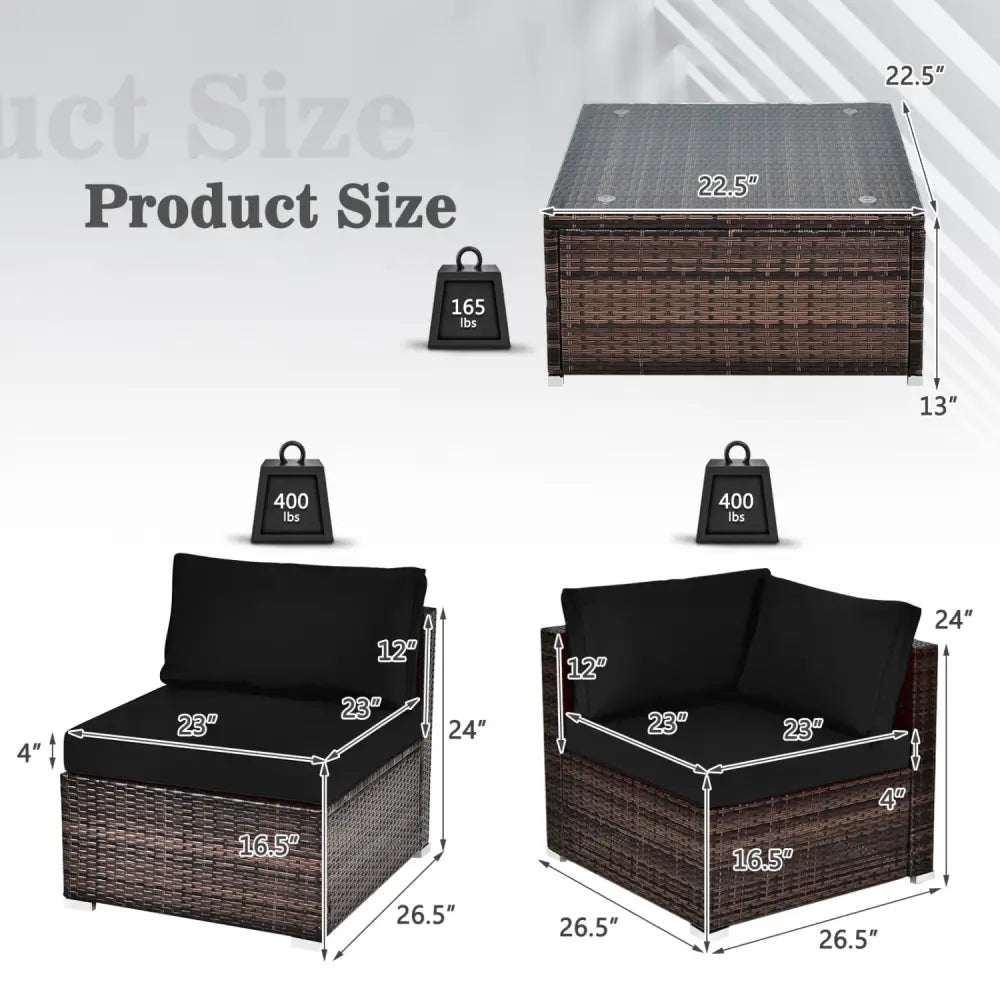 6 Pieces Patio Rattan Furniture Set with Cushions and Glass Coffee Table-Black - Black - Outdoor Sectionals