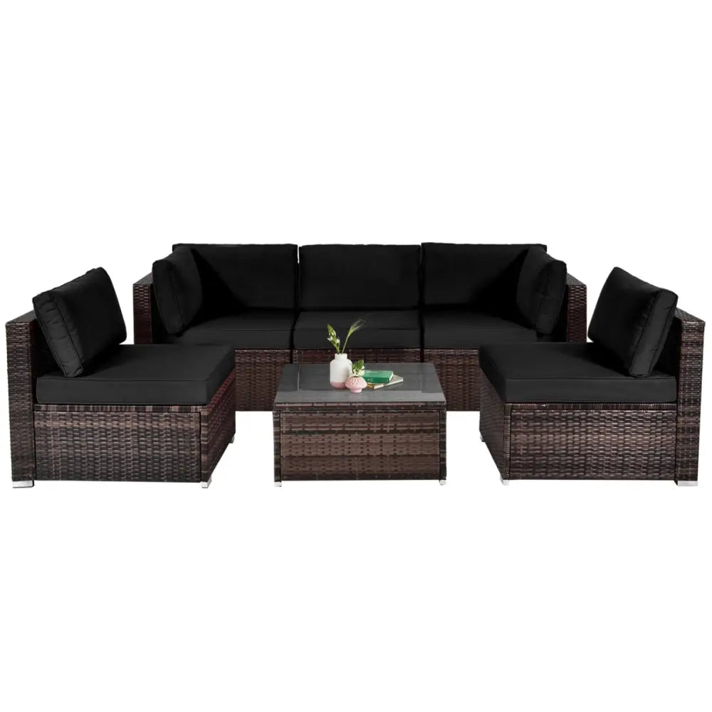 6 Pieces Patio Rattan Furniture Set with Cushions and Glass Coffee Table-Black - Black - Outdoor Sectionals