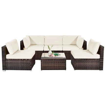 6 Pieces Patio Rattan Furniture Set with Cushions and Glass Coffee Table-White - White - Outdoor Sectionals