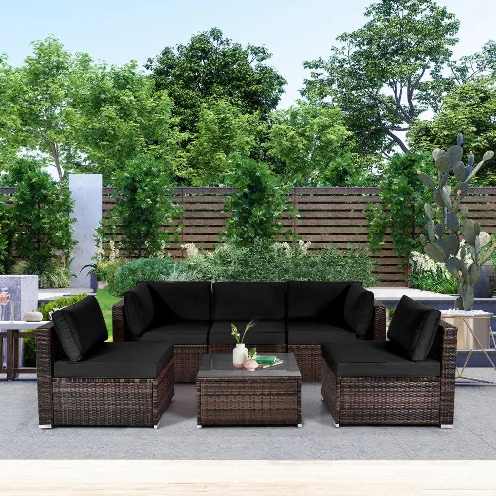 6 Pieces Patio Rattan Furniture Set with Cushions and Glass Coffee Table-Black - Black - Outdoor Sectionals