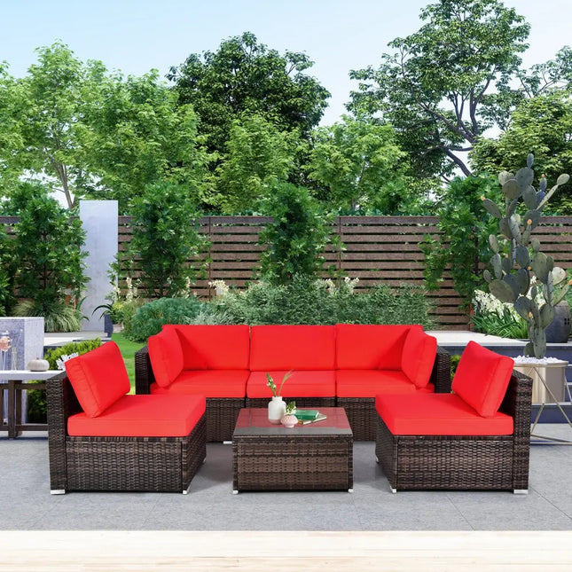 6 Pieces Patio Rattan Furniture Set with Cushions and Glass Coffee Table-Red - Red - Outdoor Sectionals