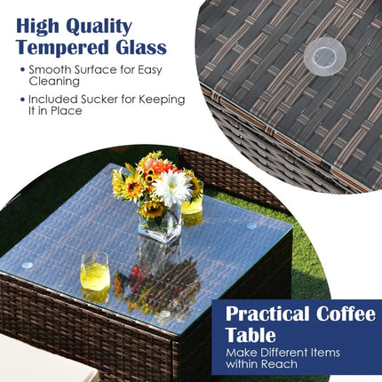 6 Pieces Patio Rattan Furniture Set with Cushions and Glass Coffee Table-White - White - Outdoor Sectionals
