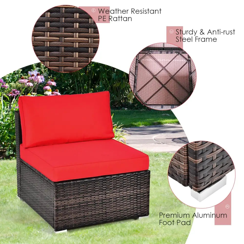 6 Pieces Patio Rattan Furniture Set with Cushions and Glass Coffee Table-Red - Red - Outdoor Sectionals