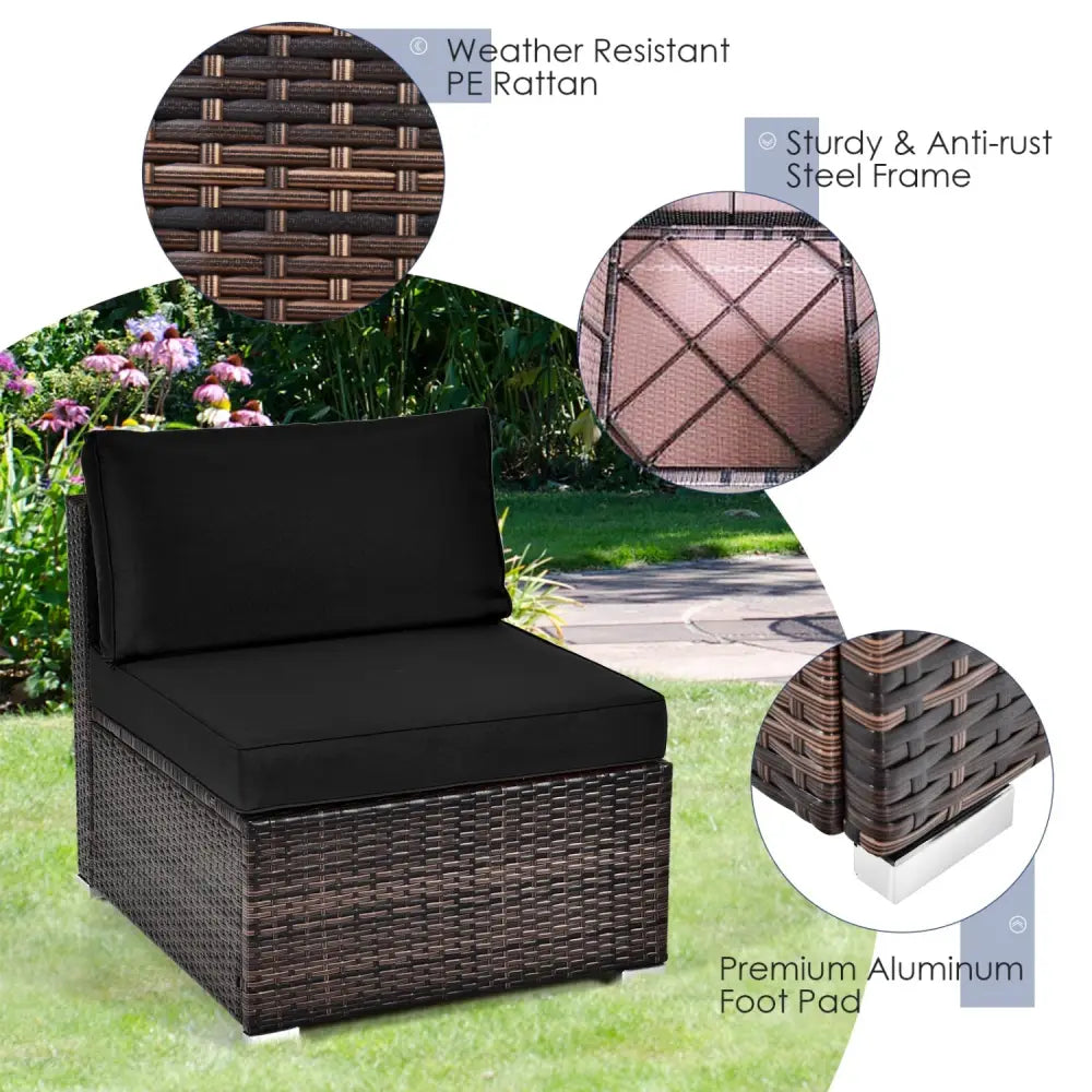6 Pieces Patio Rattan Furniture Set with Cushions and Glass Coffee Table-Black - Black - Outdoor Sectionals