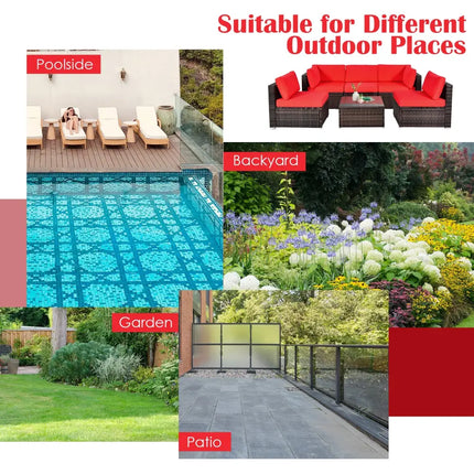 6 Pieces Patio Rattan Furniture Set with Cushions and Glass Coffee Table-Red - Red - Outdoor Sectionals