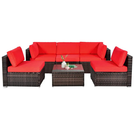 6 Pieces Patio Rattan Furniture Set with Cushions and Glass Coffee Table-Red - Red - Outdoor Sectionals