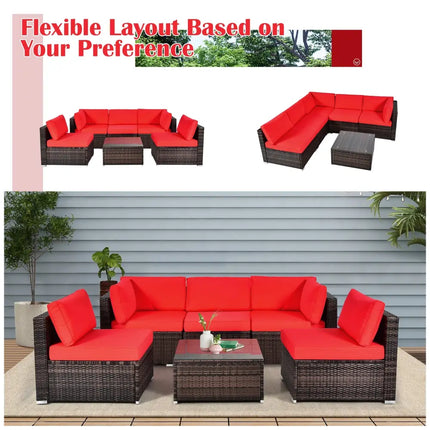 6 Pieces Patio Rattan Furniture Set with Cushions and Glass Coffee Table-Red - Red - Outdoor Sectionals