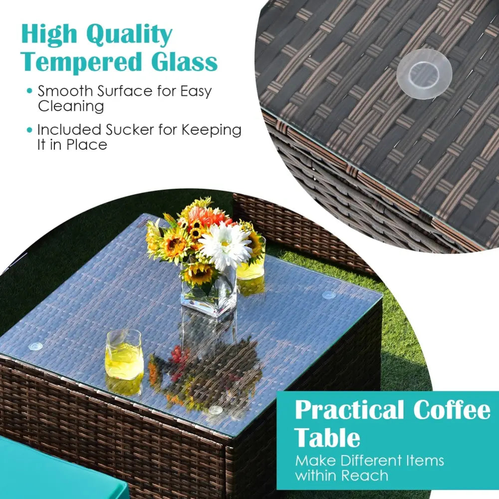 6 Pieces Patio Rattan Furniture Set with Cushions and Glass Coffee Table-Turquoise - Turquoise - Outdoor Sectionals