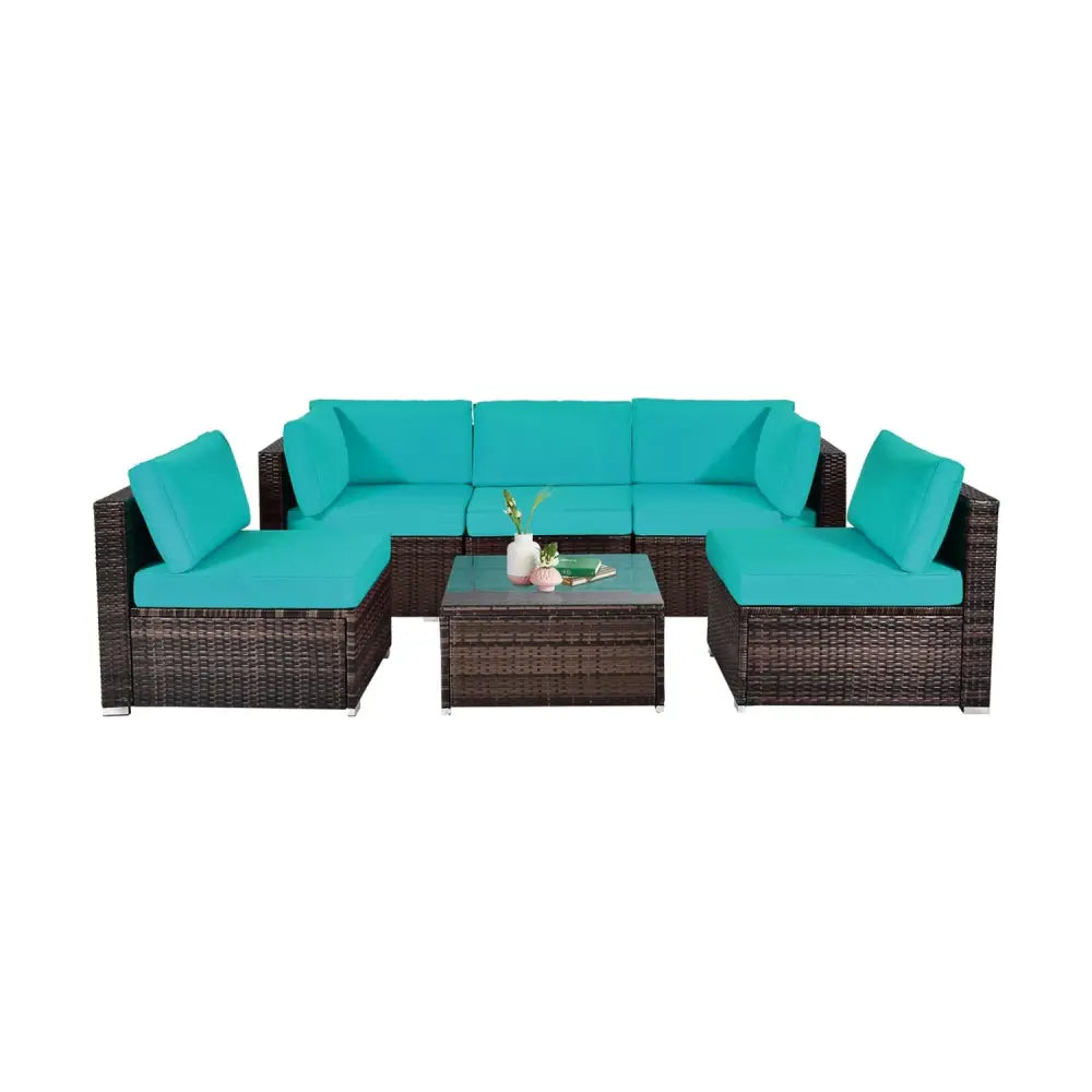 6 Pieces Patio Rattan Furniture Set with Cushions and Glass Coffee Table-Turquoise - Turquoise - Outdoor Sectionals