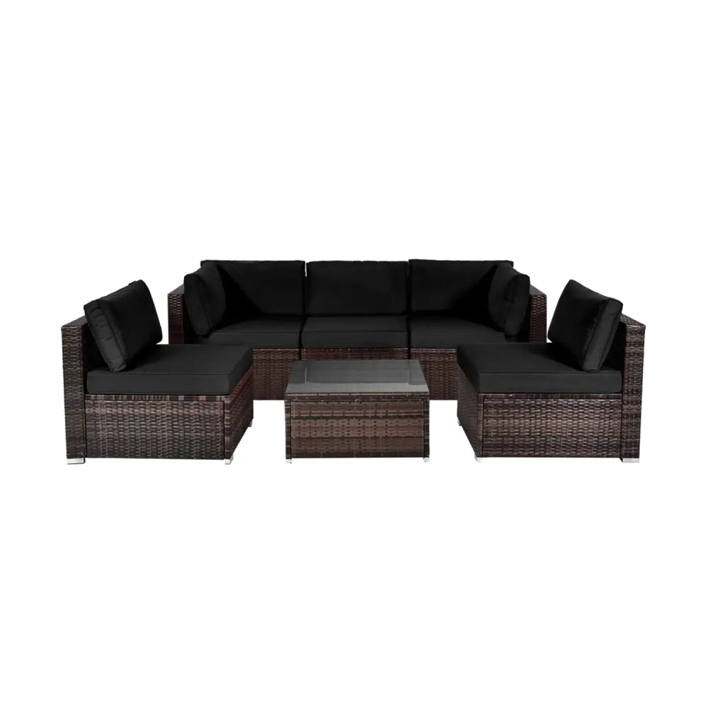 6 Pieces Patio Rattan Furniture Set with Cushions and Glass Coffee Table-Black - Black - Outdoor Sectionals