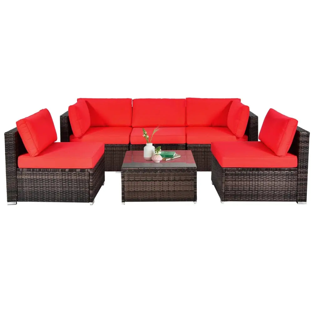 6 Pieces Patio Rattan Furniture Set with Cushions and Glass Coffee Table-Red - Red - Outdoor Sectionals