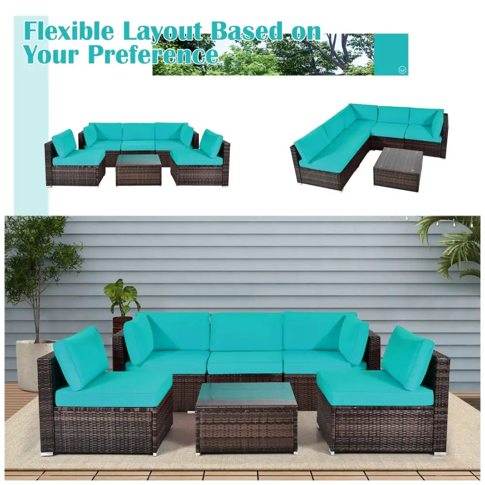 6 Pieces Patio Rattan Furniture Set with Cushions and Glass Coffee Table-Turquoise - Turquoise - Outdoor Sectionals