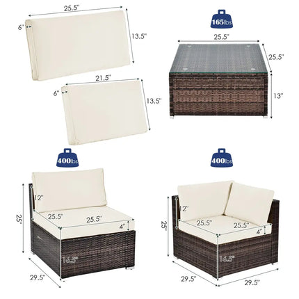 6 Pieces Patio Rattan Furniture Set with Cushions and Glass Coffee Table-White - White - Outdoor Sectionals