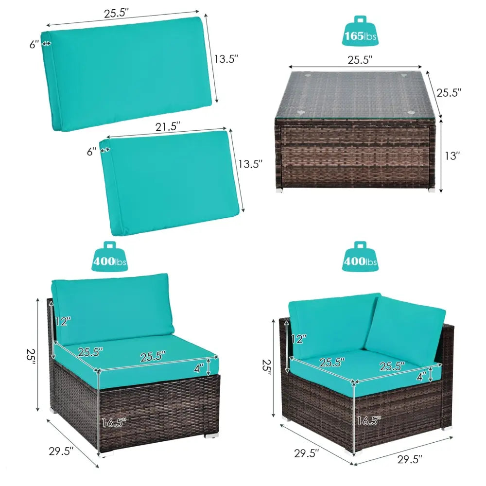 6 Pieces Patio Rattan Furniture Set with Cushions and Glass Coffee Table-Turquoise - Turquoise - Outdoor Sectionals