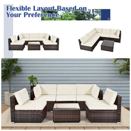 6 Pieces Patio Rattan Furniture Set with Cushions and Glass Coffee Table-White - White - Outdoor Sectionals