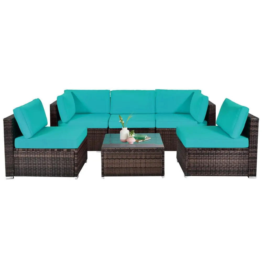 6 Pieces Patio Rattan Furniture Set with Cushions and Glass Coffee Table-Turquoise - Turquoise - Outdoor Sectionals