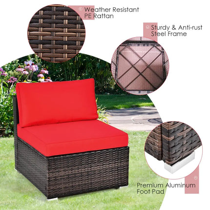 6 Pieces Patio Rattan Furniture Set with Cushions and Glass Coffee Table-Red - Red - Outdoor Sectionals