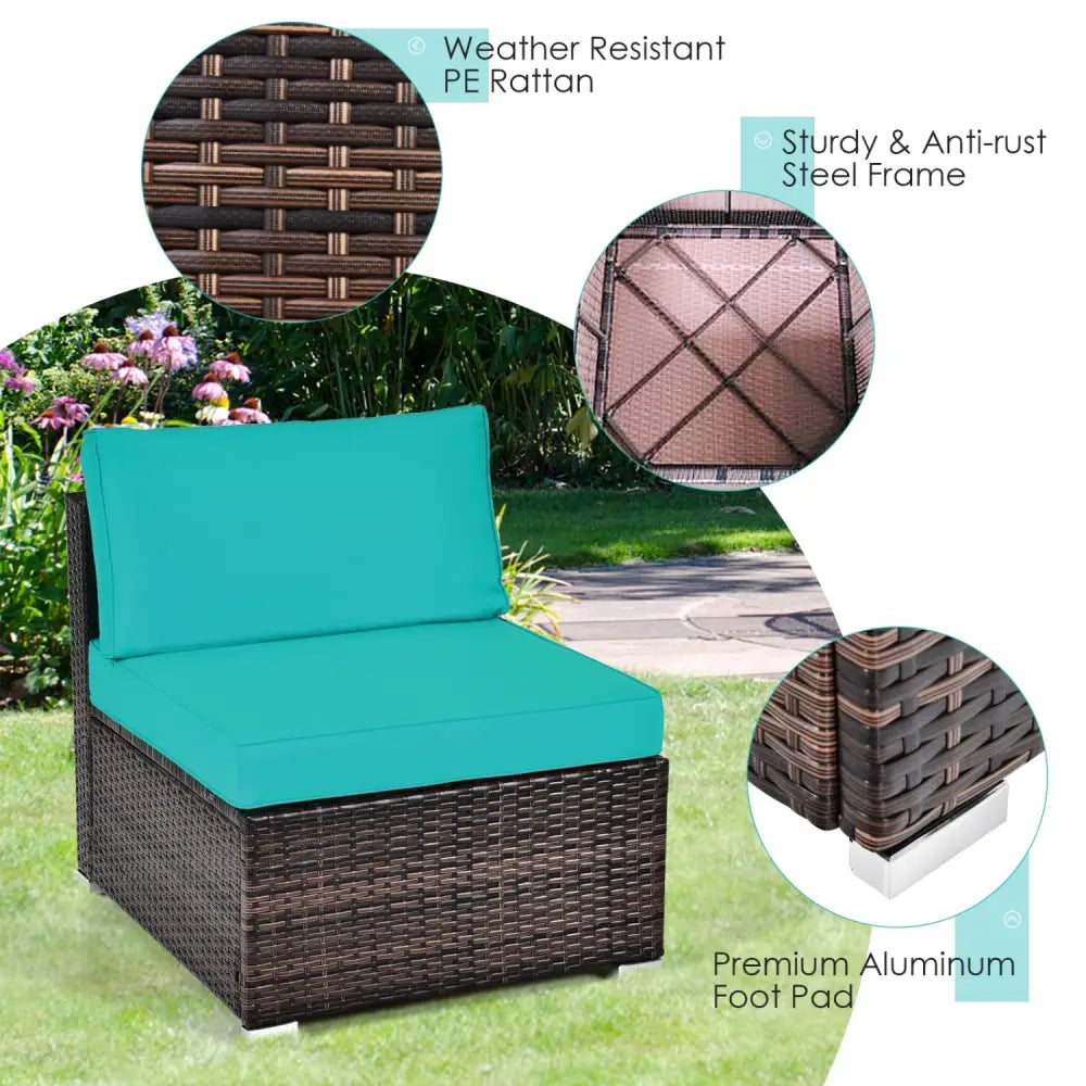 6 Pieces Patio Rattan Furniture Set with Cushions and Glass Coffee Table-Turquoise - Turquoise - Outdoor Sectionals