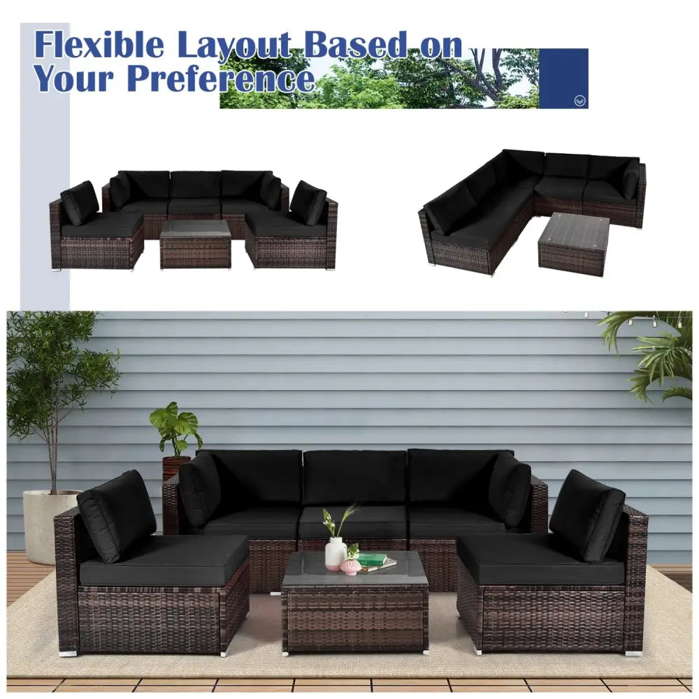 6 Pieces Patio Rattan Furniture Set with Cushions and Glass Coffee Table-Black - Black - Outdoor Sectionals