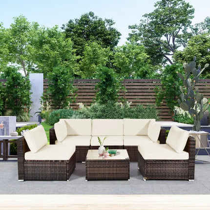 6 Pieces Patio Rattan Furniture Set with Cushions and Glass Coffee Table-White - White - Outdoor Sectionals