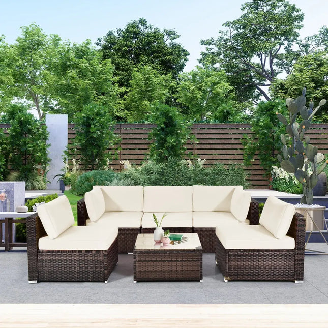 6 Pieces Patio Rattan Furniture Set with Cushions and Glass Coffee Table-White - White - Outdoor Sectionals