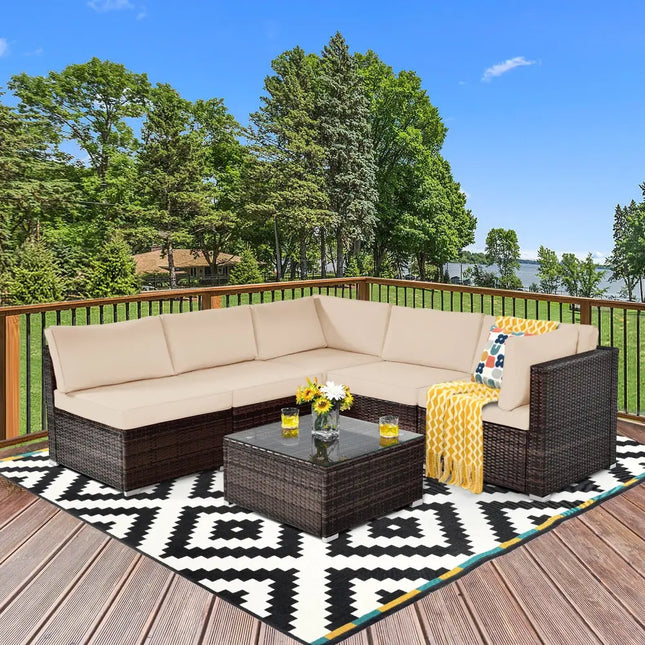 6 Pieces Patio Rattan Furniture Set with Cushions-Brown - Brown - Outdoor Sectionals