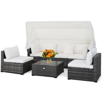 6 Pieces Patio Rattan Furniture Set with Retractable Canopy - Gray - Outdoor Sectionals