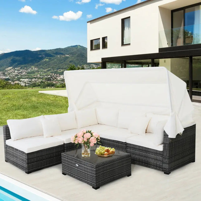 6 Pieces Patio Rattan Furniture Set with Retractable Canopy - Gray - Outdoor Sectionals