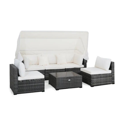 6 Pieces Patio Rattan Furniture Set with Retractable Canopy - Gray - Outdoor Sectionals