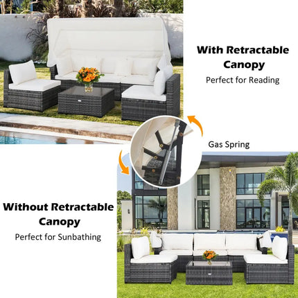 6 Pieces Patio Rattan Furniture Set with Retractable Canopy - Gray - Outdoor Sectionals