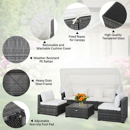 6 Pieces Patio Rattan Furniture Set with Retractable Canopy - Gray - Outdoor Sectionals