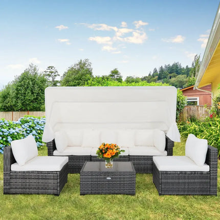 6 Pieces Patio Rattan Furniture Set with Retractable Canopy - Gray - Outdoor Sectionals