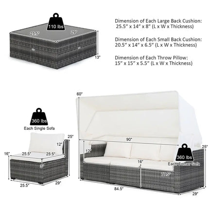 6 Pieces Patio Rattan Furniture Set with Retractable Canopy - Gray - Outdoor Sectionals