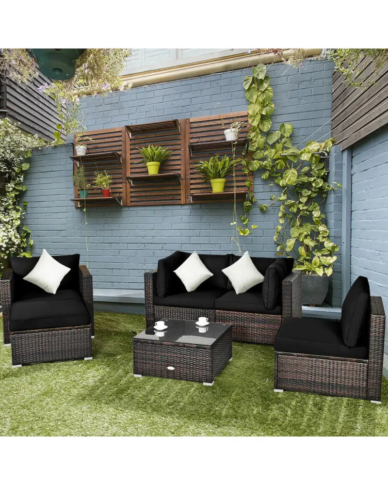 6 Pieces Patio Rattan Furniture Set with Sectional Cushion-Black - Black - Outdoor Sectionals