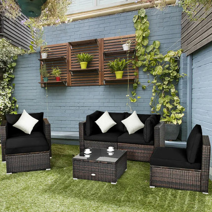 6 Pieces Patio Rattan Furniture Set with Sectional Cushion-Black - Black - Outdoor Sectionals