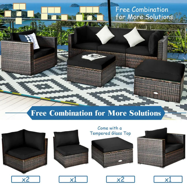 6 Pieces Patio Rattan Furniture Set with Sectional Cushion-Black - Black - Outdoor Sectionals