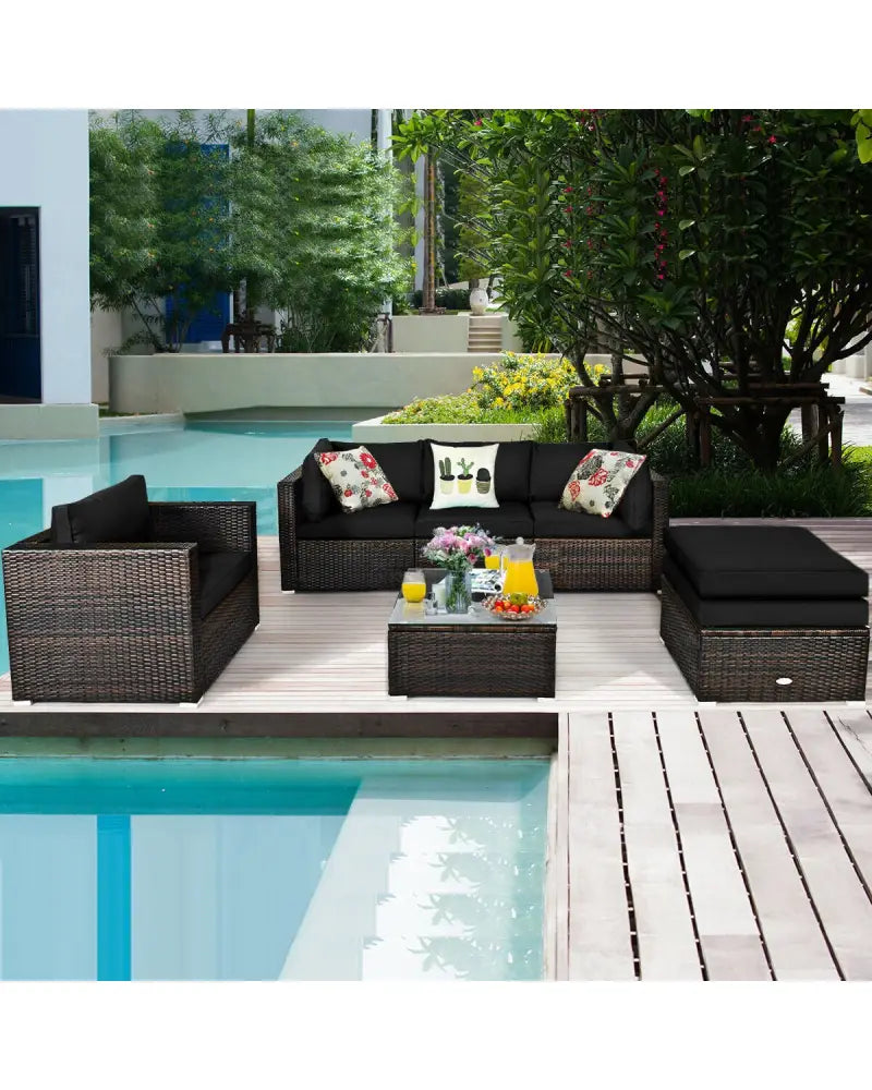 6 Pieces Patio Rattan Furniture Set with Sectional Cushion-Black - Black - Outdoor Sectionals