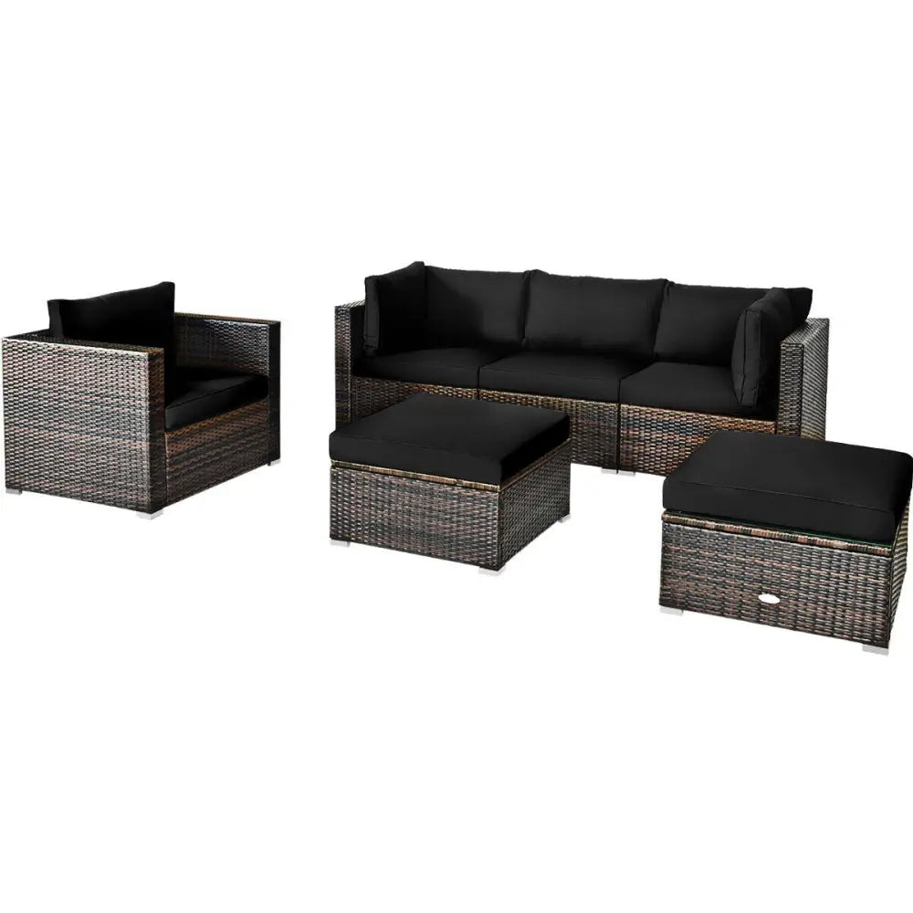 6 Pieces Patio Rattan Furniture Set with Sectional Cushion-Black - Black - Outdoor Sectionals