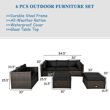 6 Pieces Patio Rattan Furniture Set with Sectional Cushion-Black - Black - Outdoor Sectionals