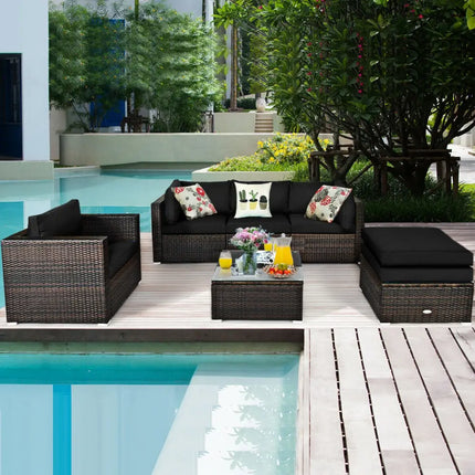 6 Pieces Patio Rattan Furniture Set with Sectional Cushion-Black - Black - Outdoor Sectionals