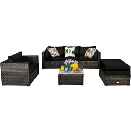 6 Pieces Patio Rattan Furniture Set with Sectional Cushion-Black - Black - Outdoor Sectionals