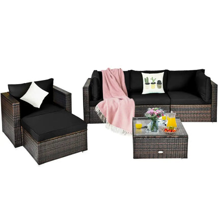 6 Pieces Patio Rattan Furniture Set with Sectional Cushion-Black - Black - Outdoor Sectionals