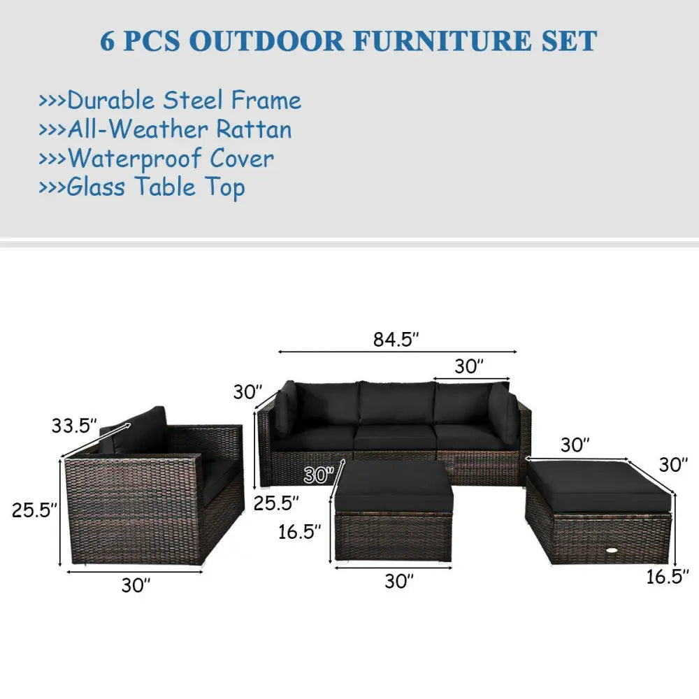 6 Pieces Patio Rattan Furniture Set with Sectional Cushion-Black - Black - Outdoor Sectionals