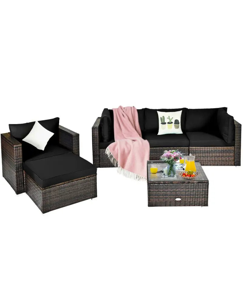 6 Pieces Patio Rattan Furniture Set with Sectional Cushion-Black - Black - Outdoor Sectionals