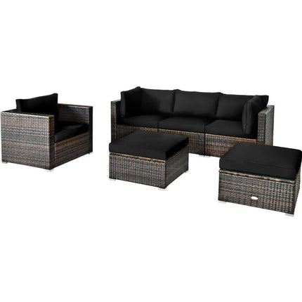 6 Pieces Patio Rattan Furniture Set with Sectional Cushion-Black - Black - Outdoor Sectionals