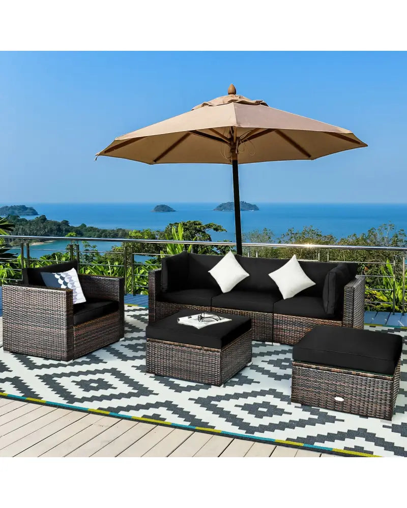 6 Pieces Patio Rattan Furniture Set with Sectional Cushion-Black - Black - Outdoor Sectionals